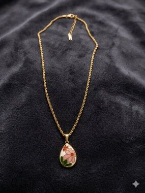 Gold-Tone Teardrop Necklace with Pink Floral Enamel Pendant - Women